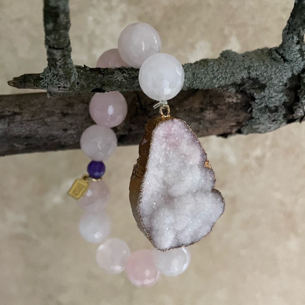 PINK QUARTZ round bead and DRUZY bracelet